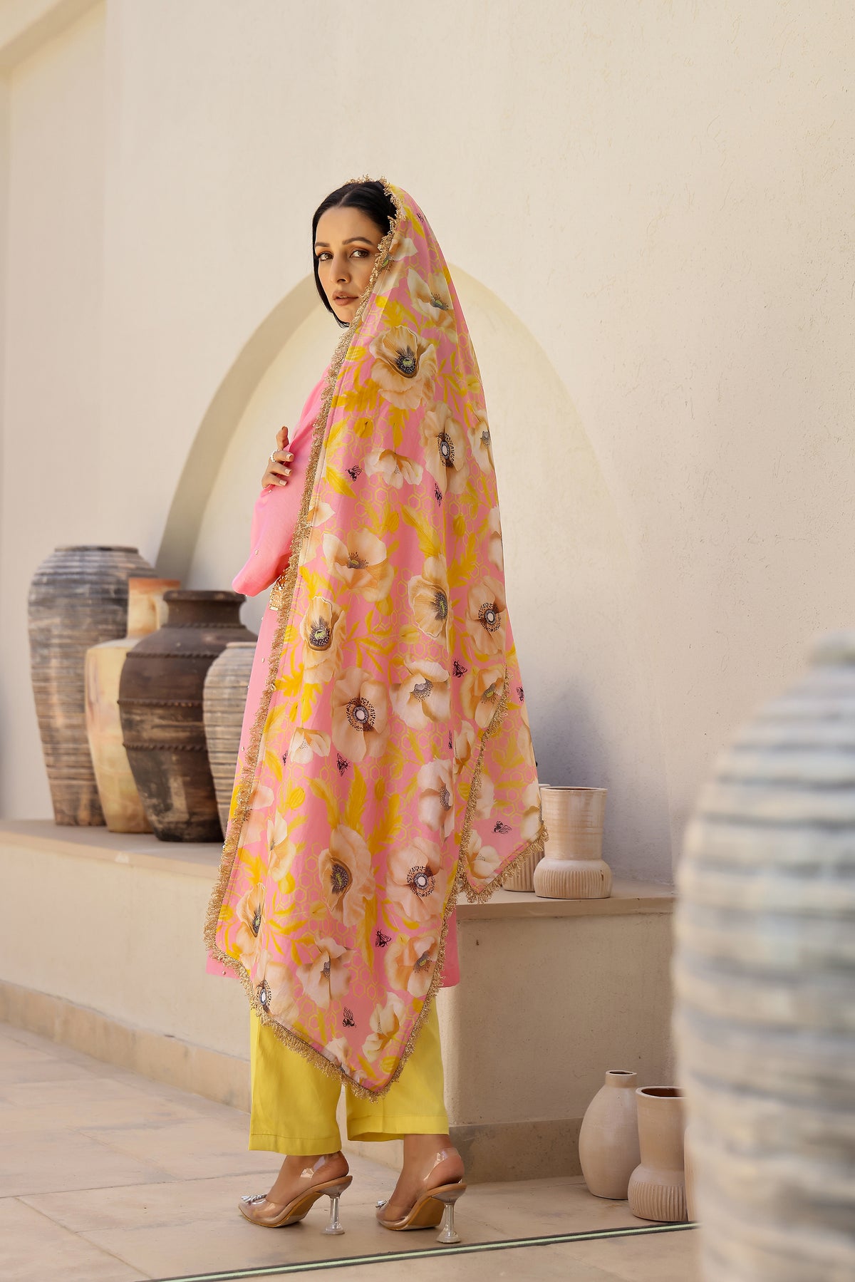 Megha Seehra in Garden- Pink Printed A-Line Kurta- Set of 3