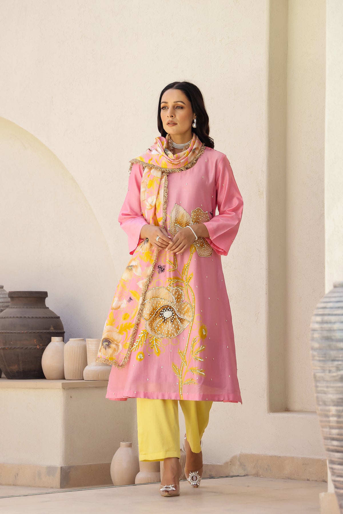 Megha Seehra in Garden- Pink Printed A-Line Kurta- Set of 3