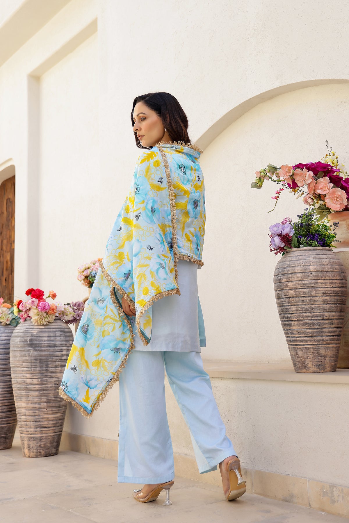 Garden- Blue Embroidered Solid Short Kurta Set