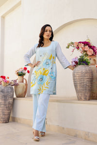 Garden- Blue Printed Embroidered Short Kurta Set