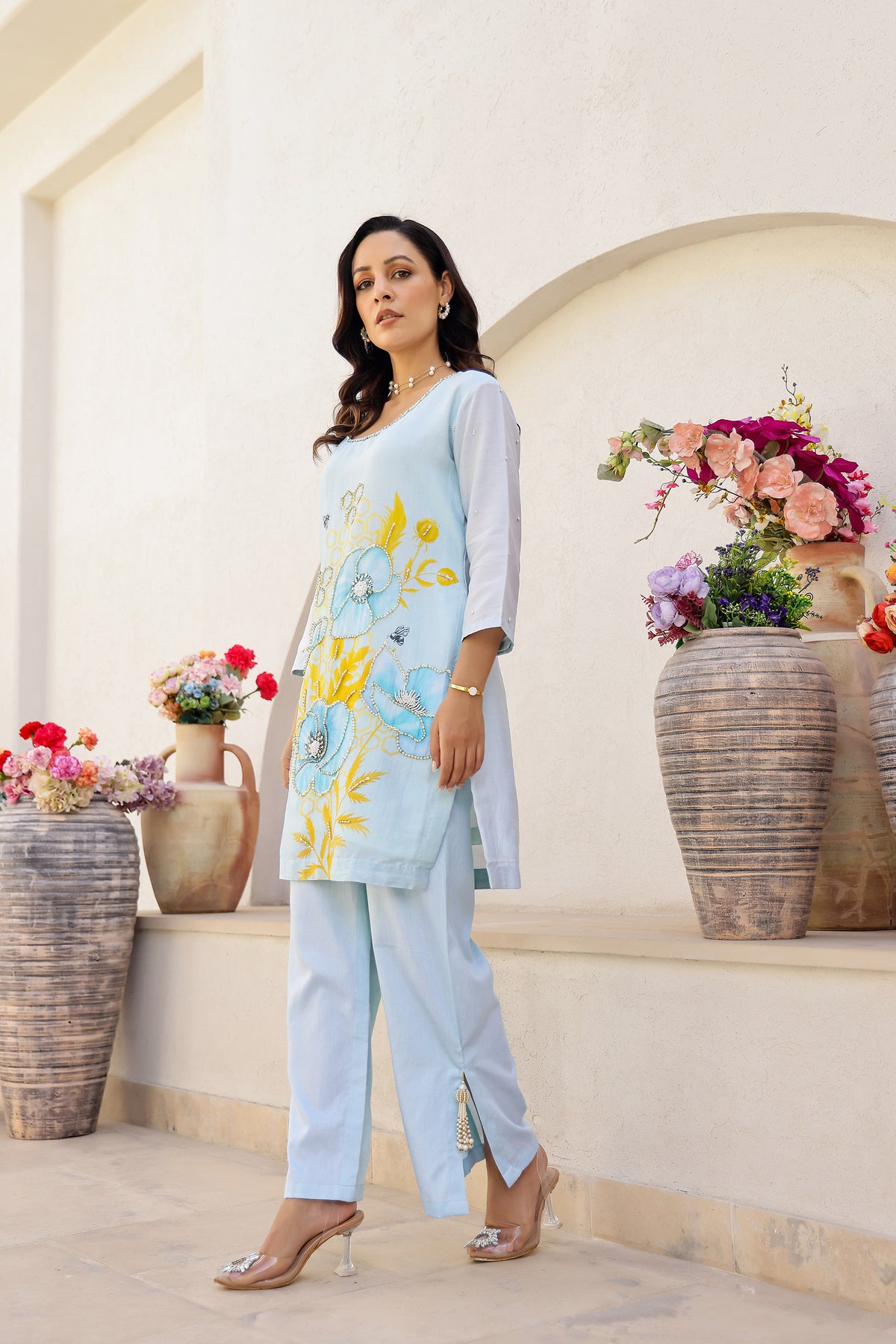 Garden- Blue Printed Embroidered Short Kurta Set