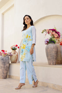 Garden- Blue Printed Embroidered Short Kurta Set