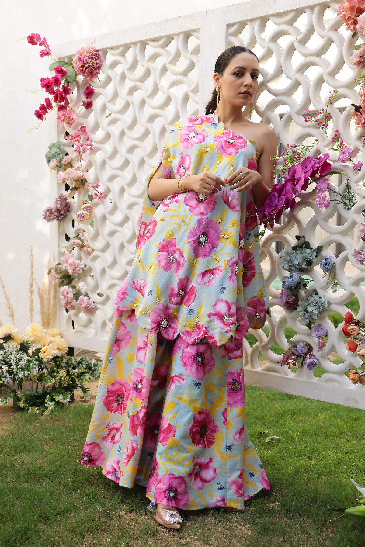 Ankita Raghav in Garden- Mint Printed Off-Shoulder with Sharara - Set of 2