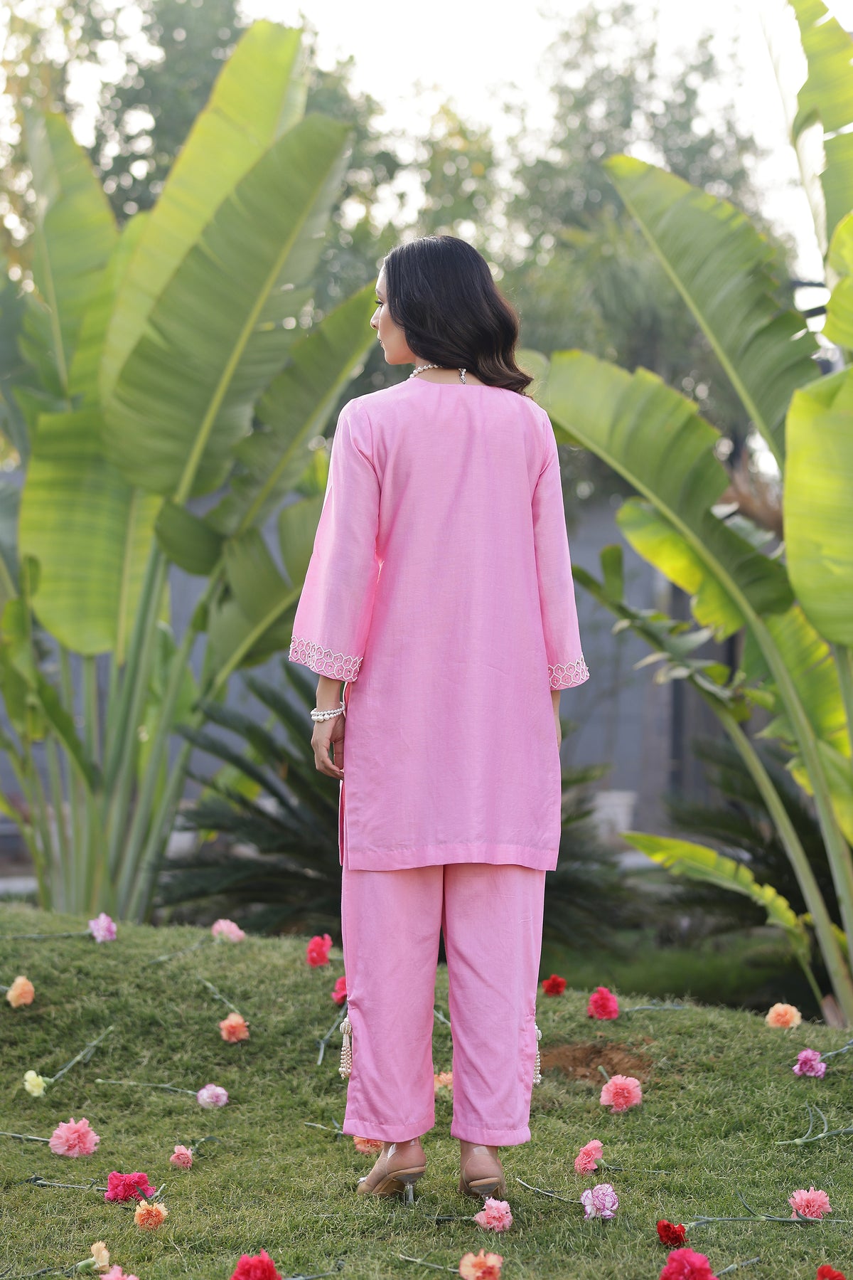Garden- Pink Yoke Embroidered Solid Short Kurta Set