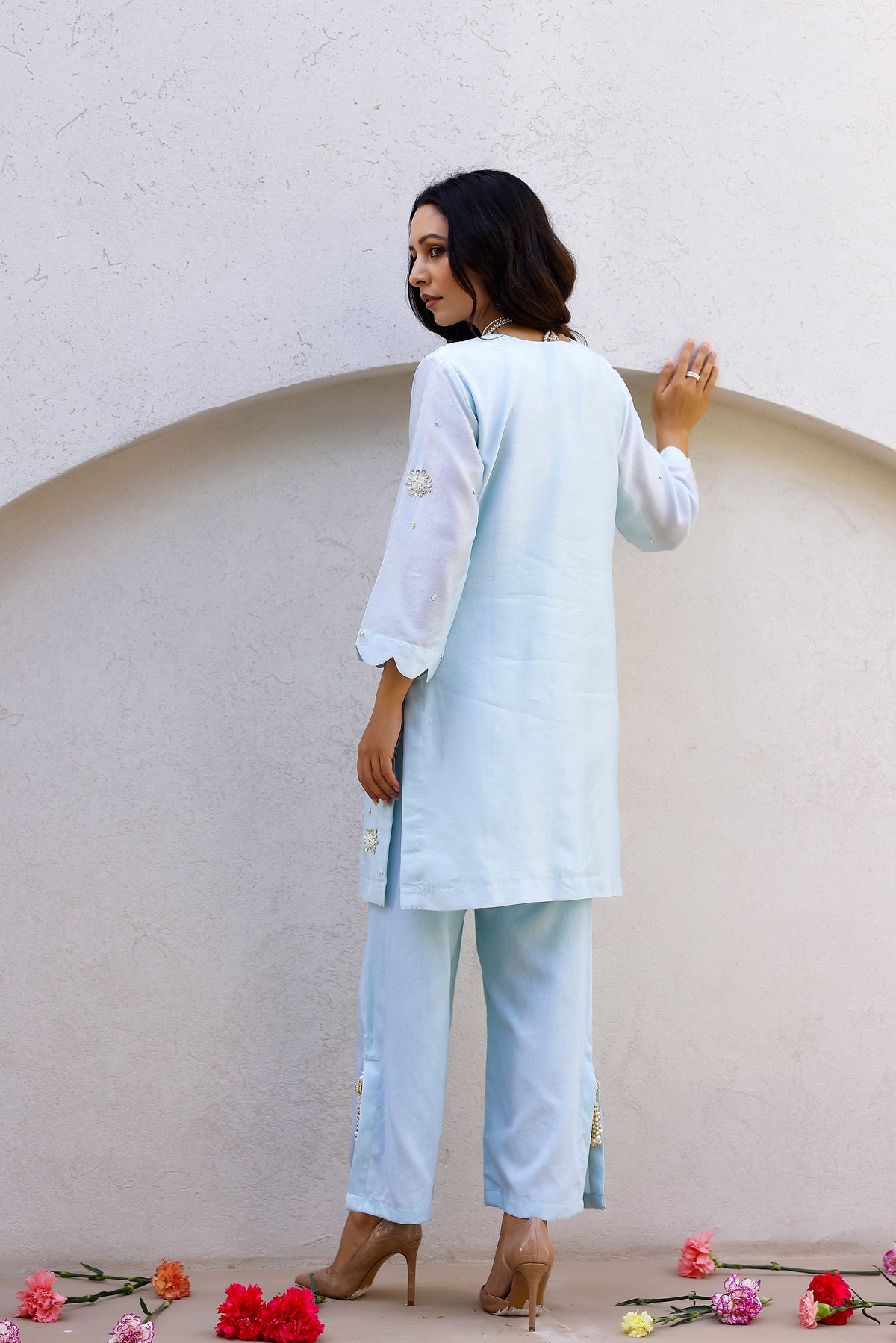 Garden- Blue Embroidered Solid Short Kurta Set