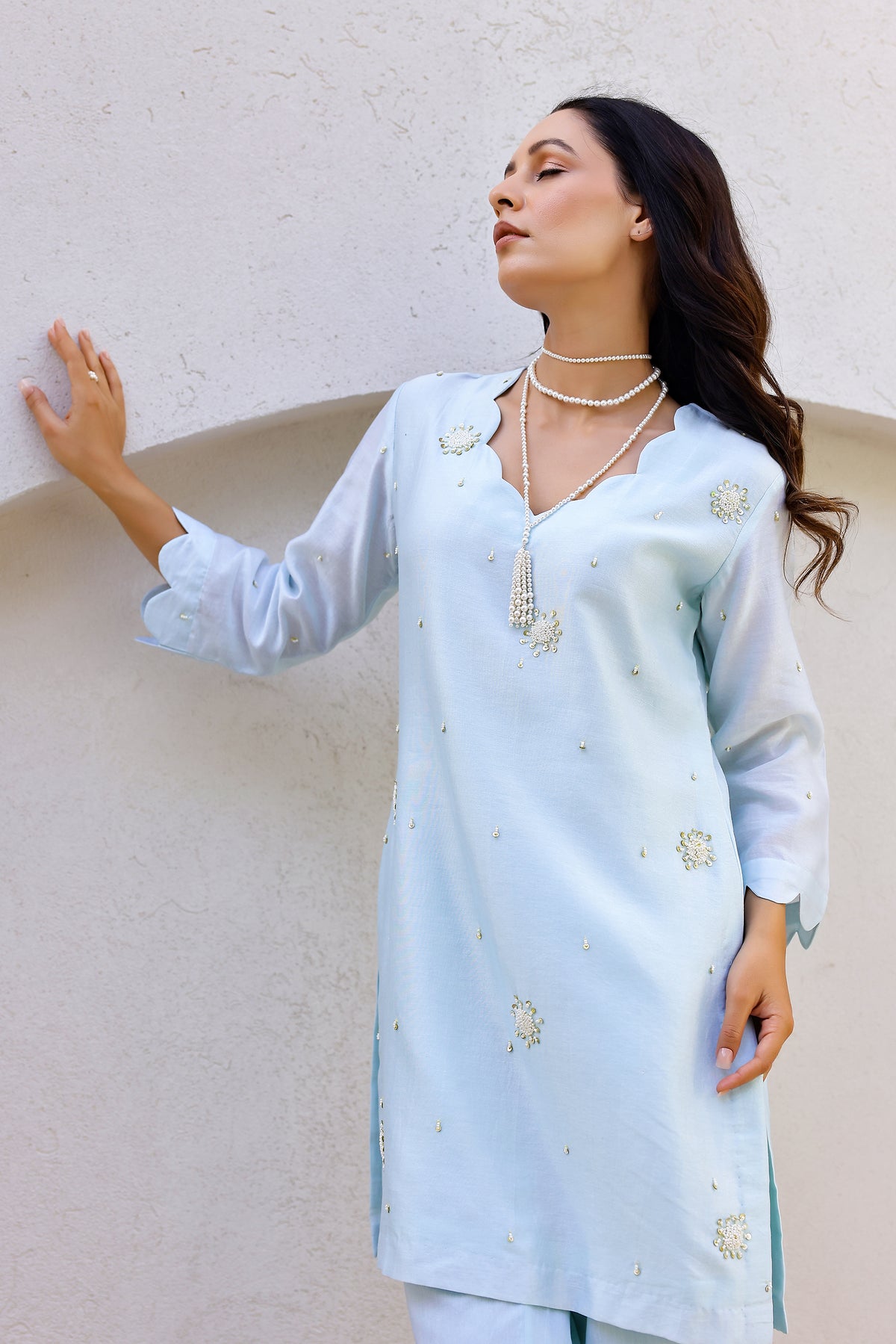 Garden- Blue Embroidered Solid Short Kurta Set