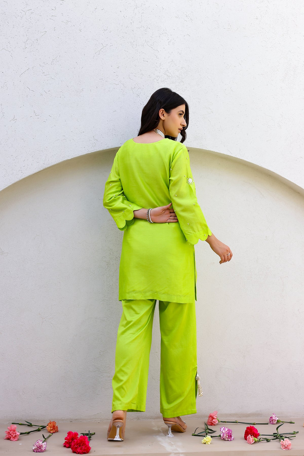 Garden- Green Embroidered Solid Short Kurta Set
