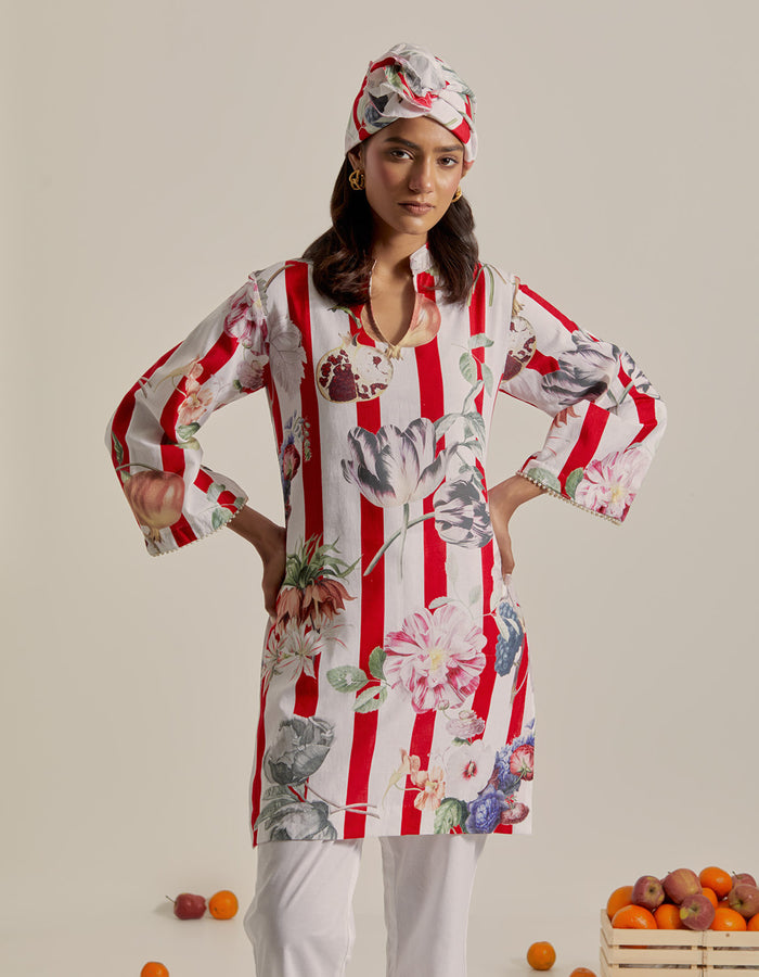 Bloom Voyage - Red Stripe Printed Short Kurta- Set of 2
