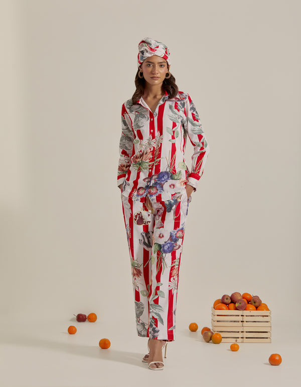 Bloom Voyage - Red Stripe Printed Shirt Co-Ord - Set of 2