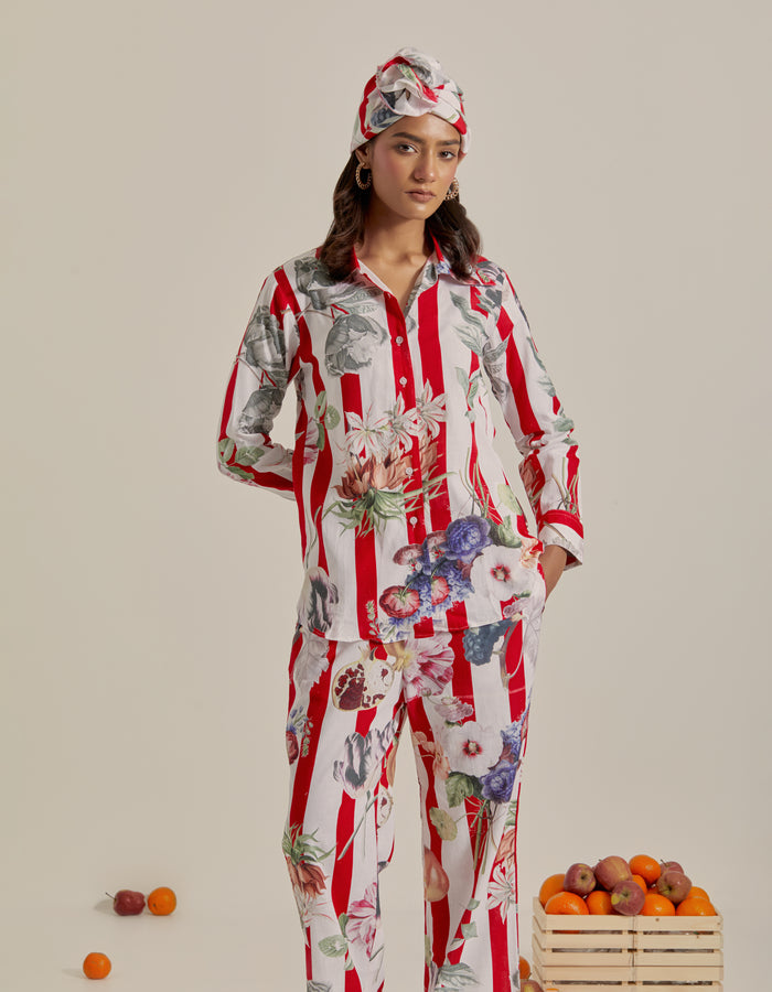 Bloom Voyage - Red Stripe Printed Shirt Co-Ord - Set of 2