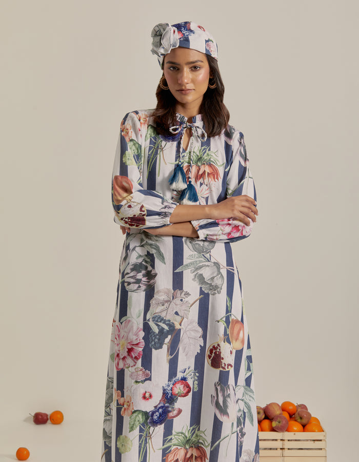 Bloom Voyage - Navy Blue Stripe Printed Dress