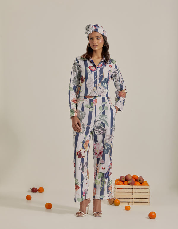 Bloom Voyage - Navy Blue Stripe Printed Shirt Co-Ord - Set of 2