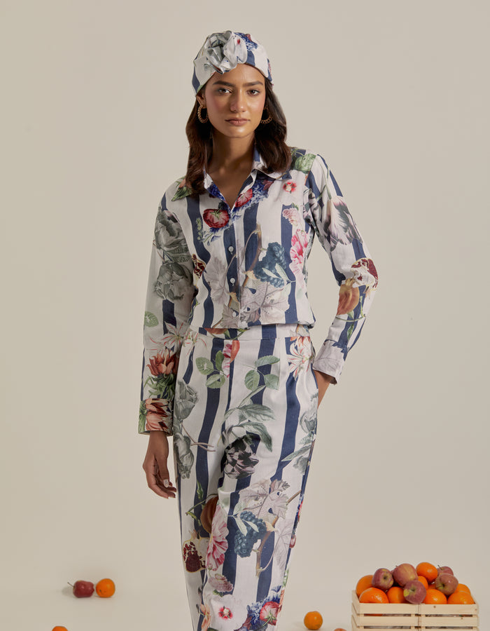 Bloom Voyage - Navy Blue Stripe Printed Shirt Co-Ord - Set of 2