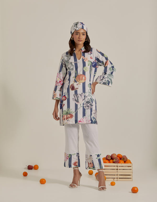 Bloom Voyage - Navy Blue Stripe Printed Short Kurta- Set of 2