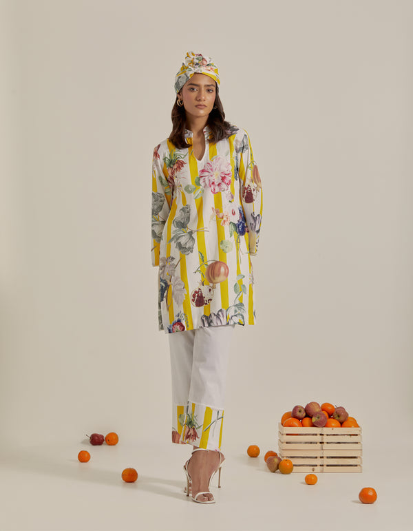 Bloom Voyage - Yellow Stripe Printed Short Kurta- Set of 2