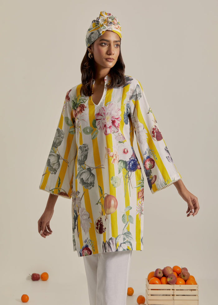 Bloom Voyage - Yellow Stripe Printed Short Kurta- Set of 2