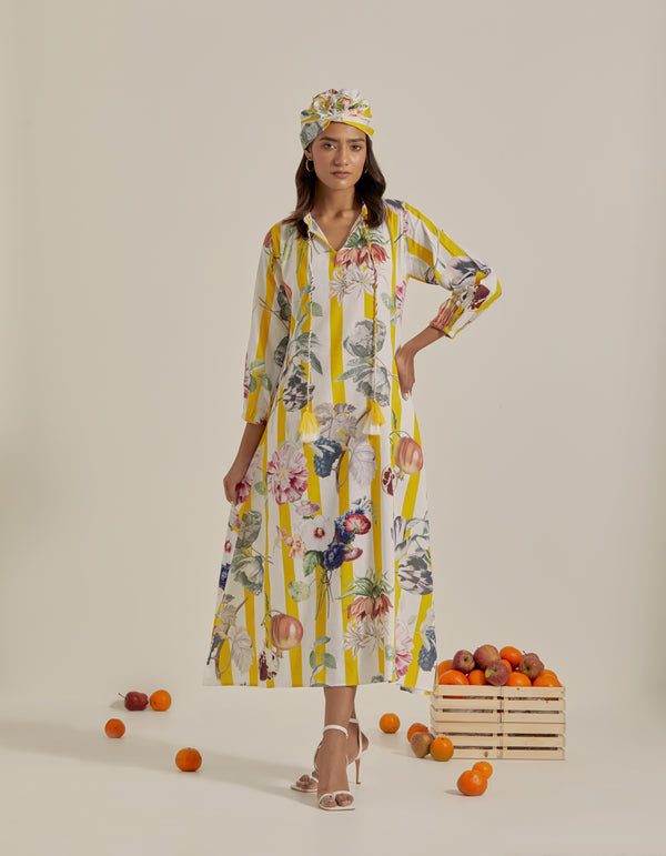 Bloom Voyage - Yellow Stripe Printed Dress