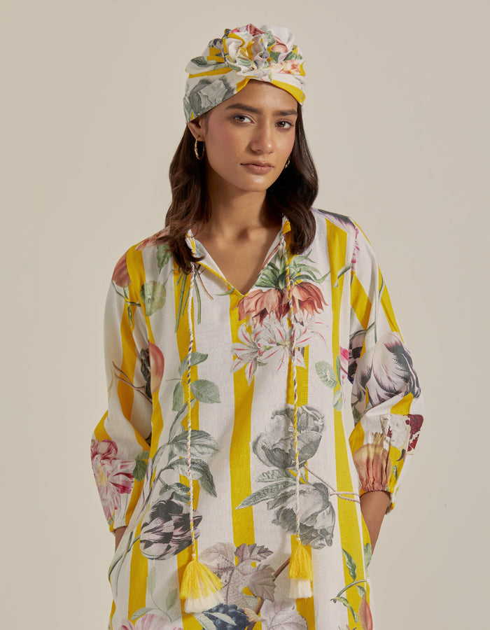 Bloom Voyage - Yellow Stripe Printed Dress