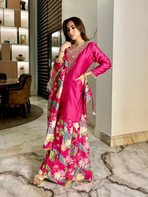 Seema Diwan in Bhādõ 2.0- Rani Pink Embroidered Kurta with Sharara  - Set of 3