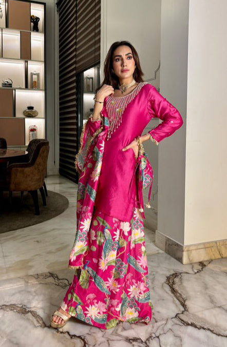 Seema Diwan in Bhādõ 2.0- Rani Pink Embroidered Kurta with Sharara  - Set of 3