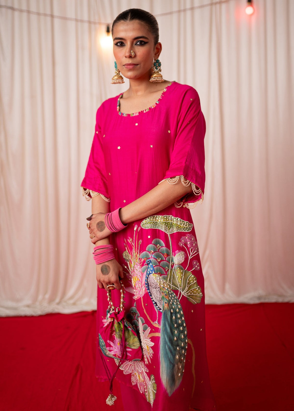 Bhādõ 2.0- Rani Pink Printed Oversize Kurta- Set of 2