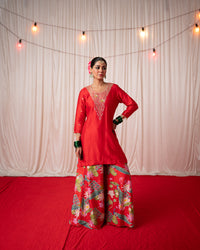 Bhādõ 2.0- Red Embroidered Kurta with Sharara  - Set of 3