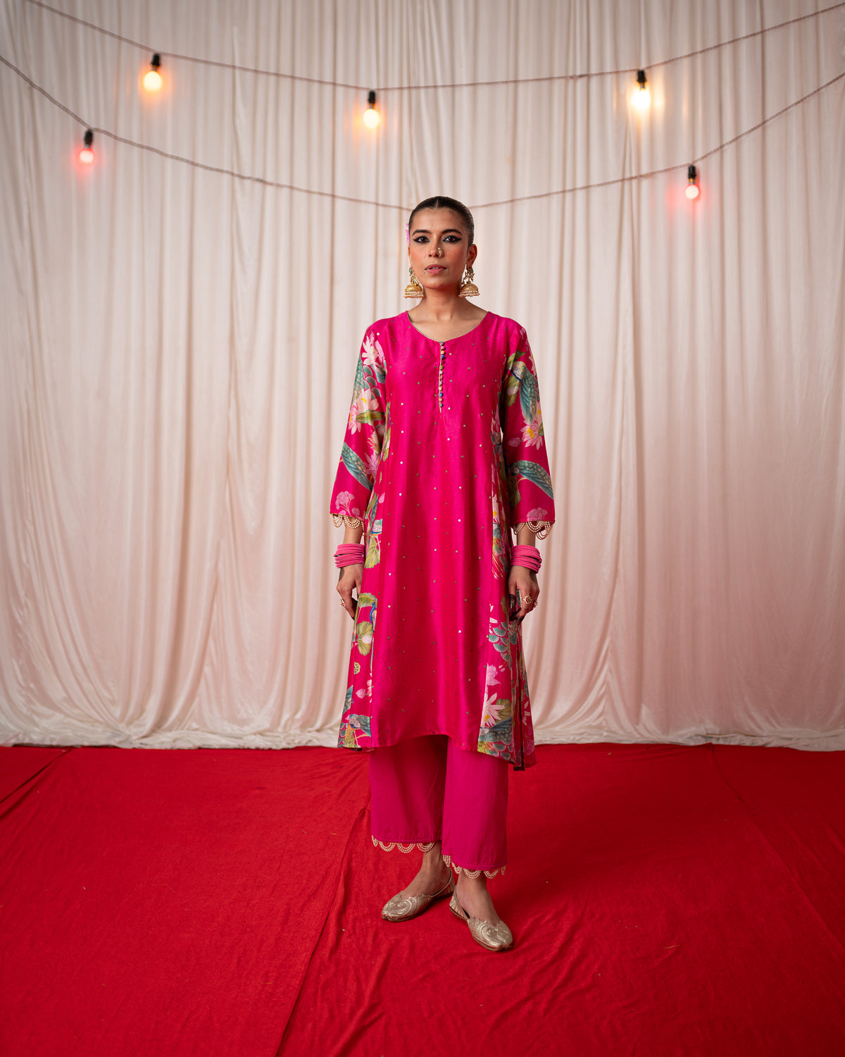 Bhādõ 2.0- Rani Pink Printed Panel Kurta - Set of 3