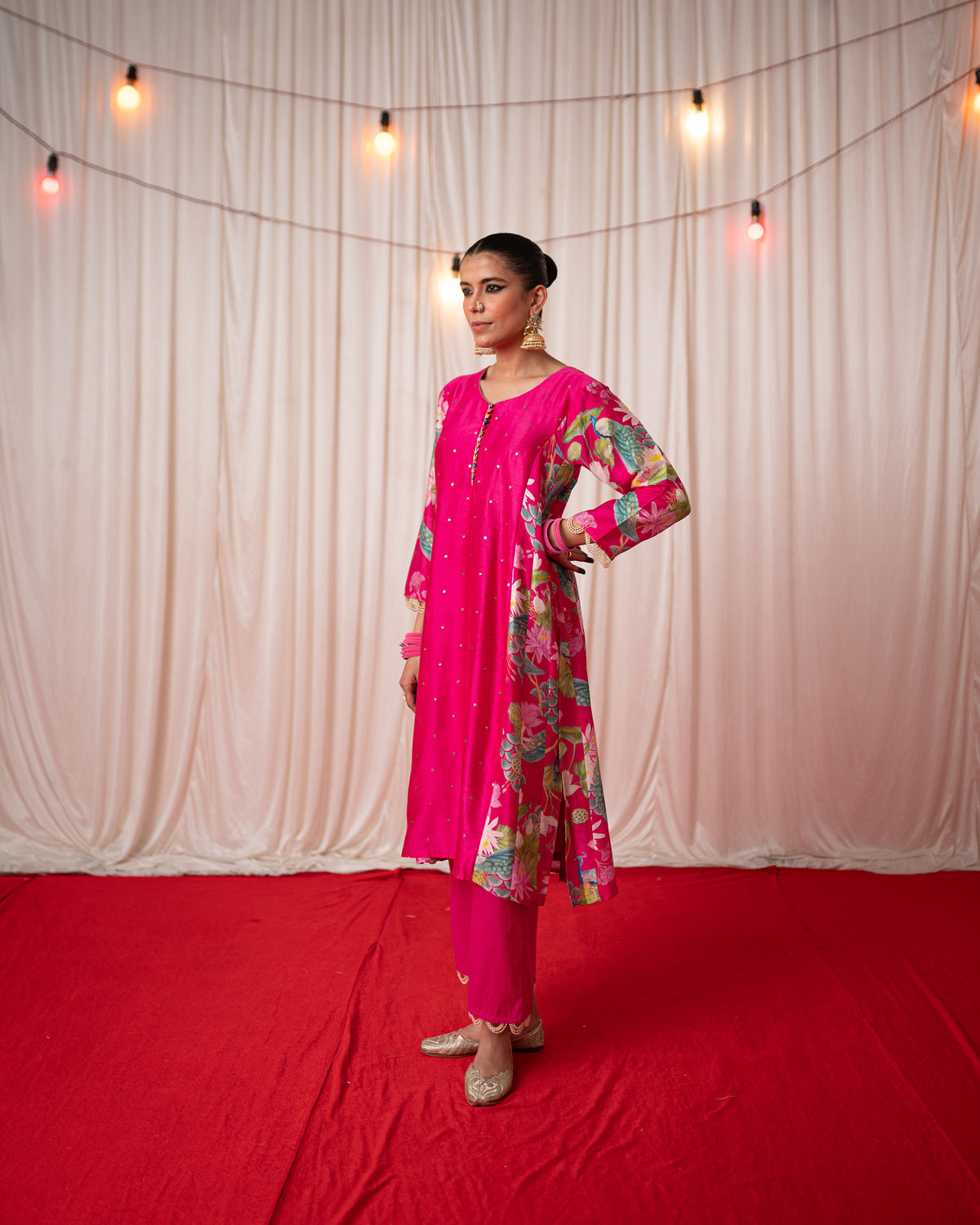Bhādõ 2.0- Rani Pink Printed Panel Kurta - Set of 3