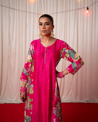 Bhādõ 2.0- Rani Pink Printed Panel Kurta - Set of 3