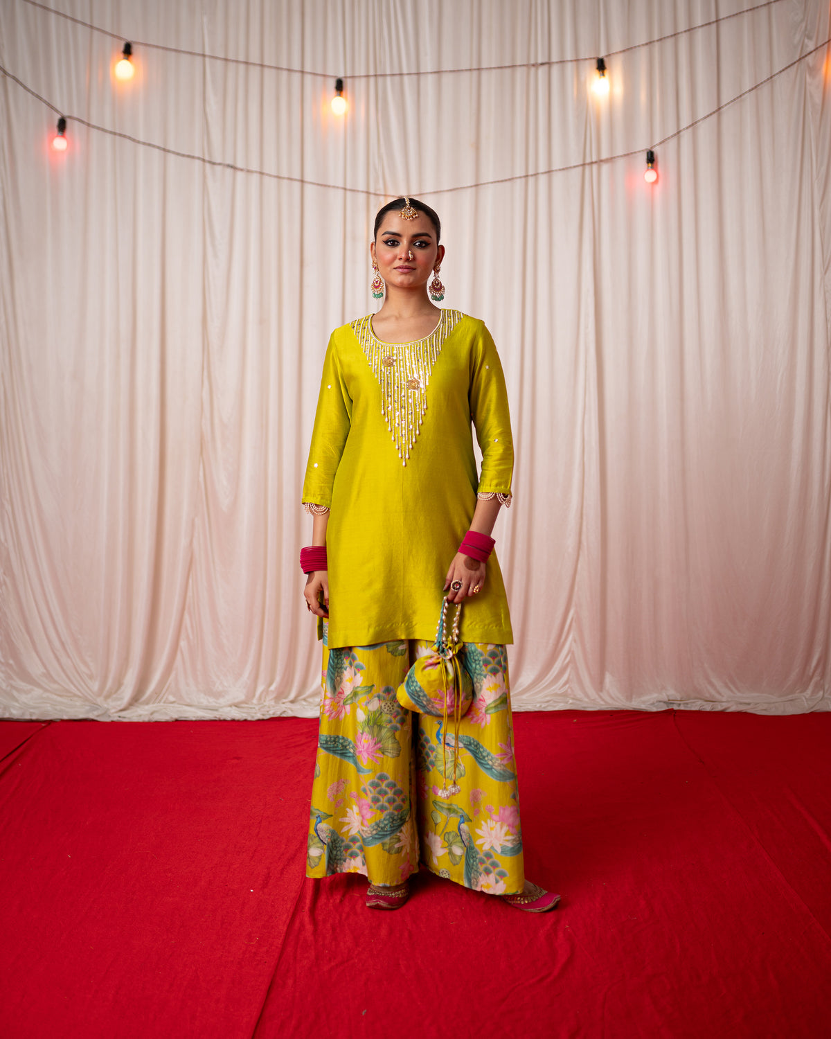 Bhādõ 2.0- Lime Green Embroidered Kurta with Sharara  - Set of 3