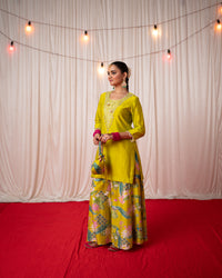 Bhādõ 2.0- Lime Green Embroidered Kurta with Sharara  - Set of 3