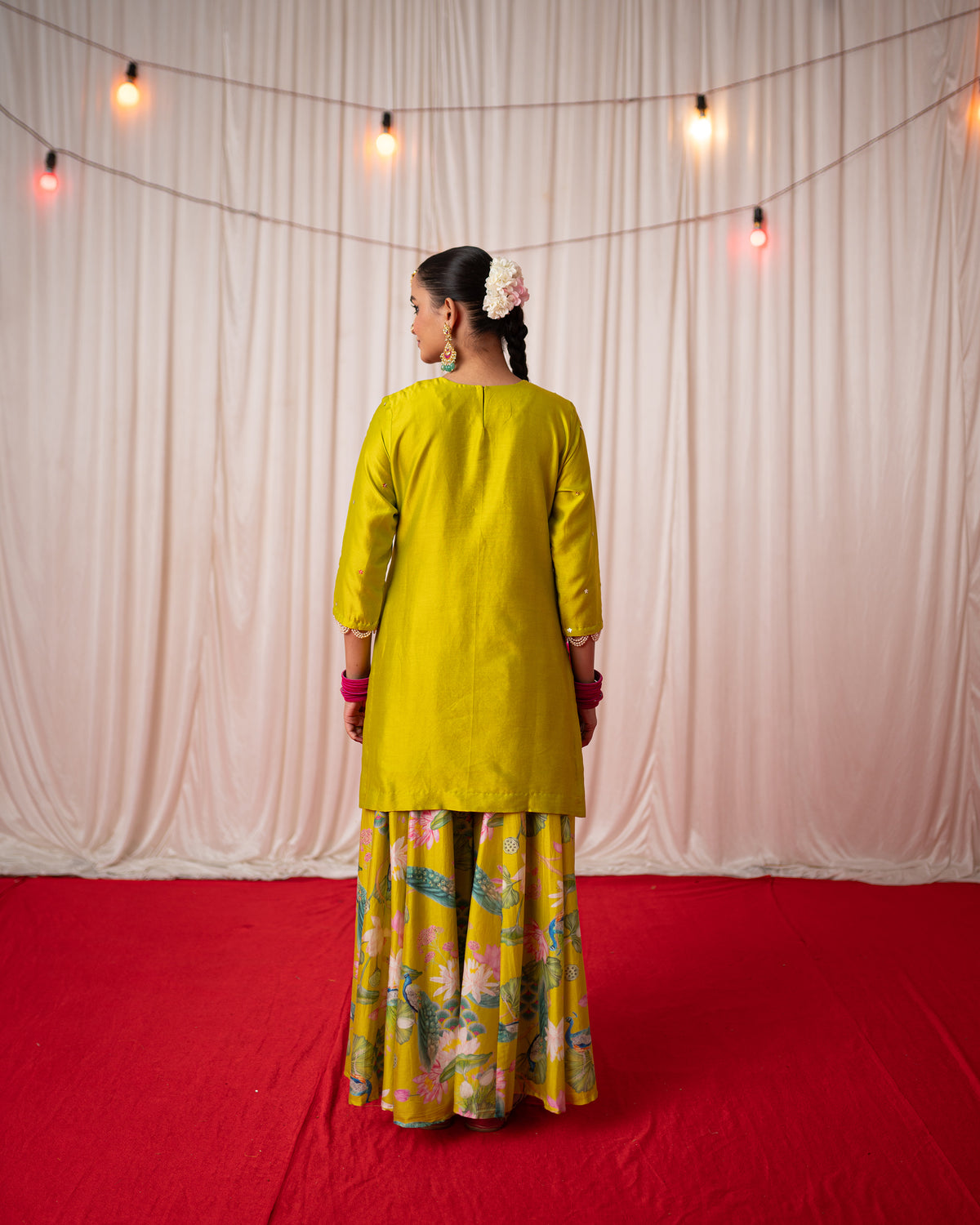 Bhādõ 2.0- Lime Green Embroidered Kurta with Sharara  - Set of 3