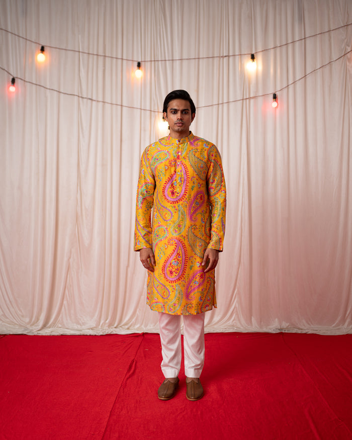 Mehfil Men- Yellow Printed Kurta Set