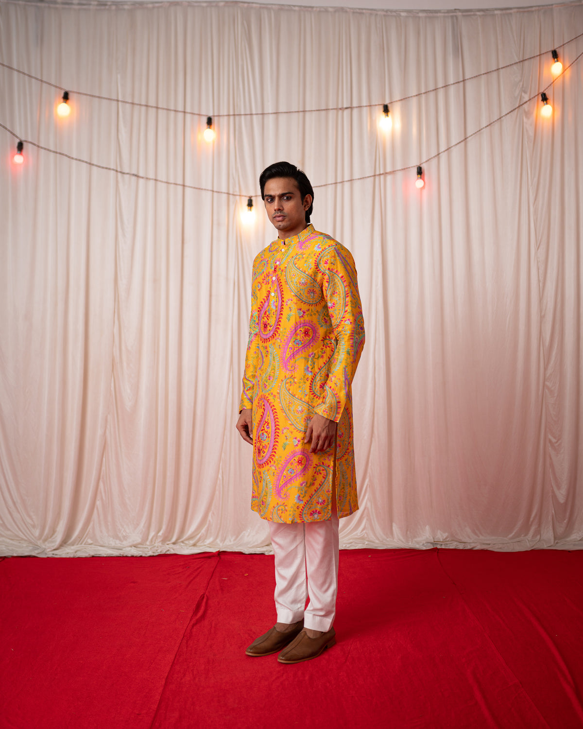 Mehfil Men- Yellow Printed Kurta Set