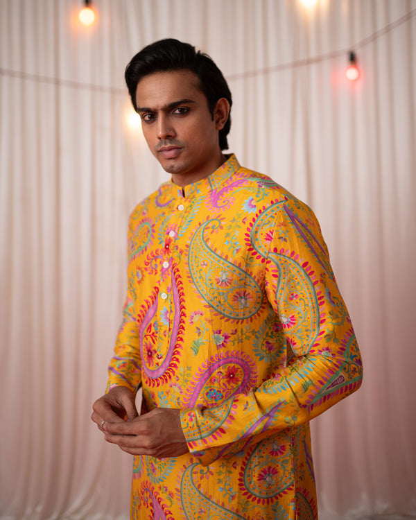 Mehfil Men- Yellow Printed Kurta Set