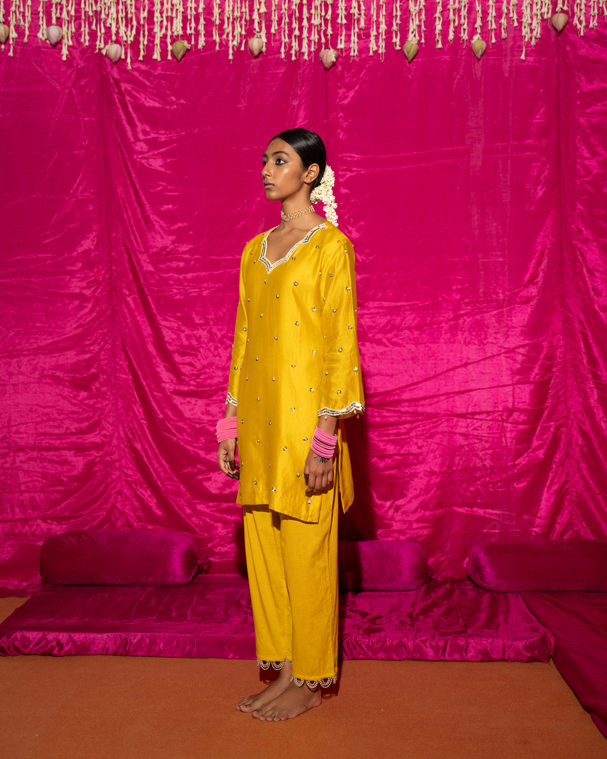 Bhādõ- Yellow Embroidered Short Kurta - Set of 2