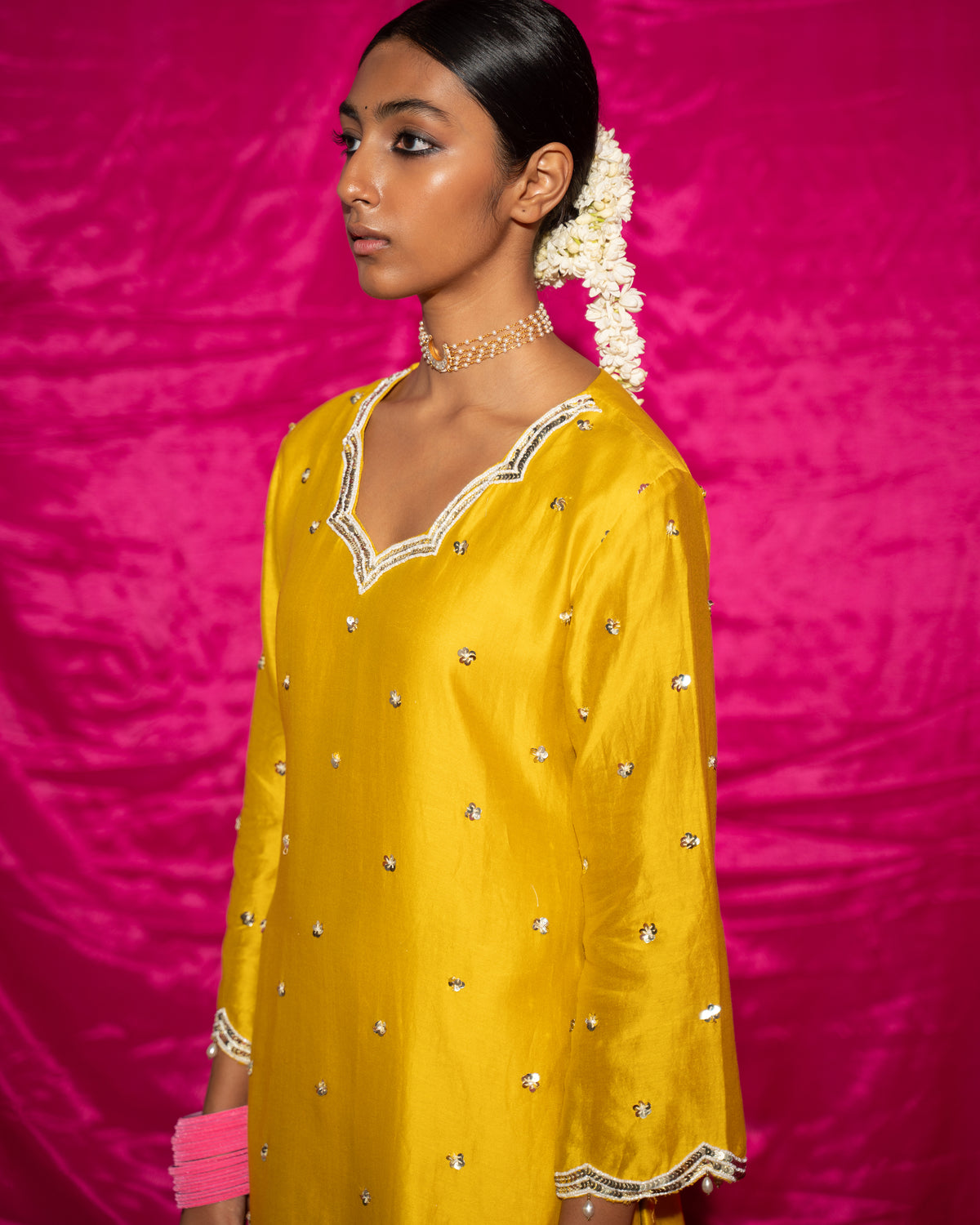 Bhādõ- Yellow Embroidered Short Kurta - Set of 2