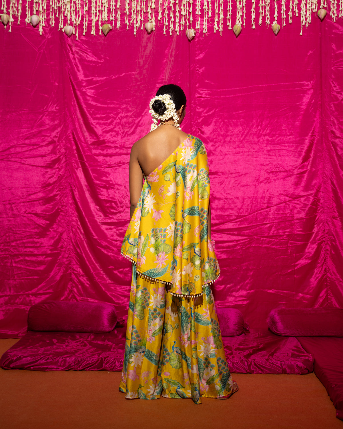 Bhādõ- Yellow Printed Off-Shoulder Sharara - Set of 2