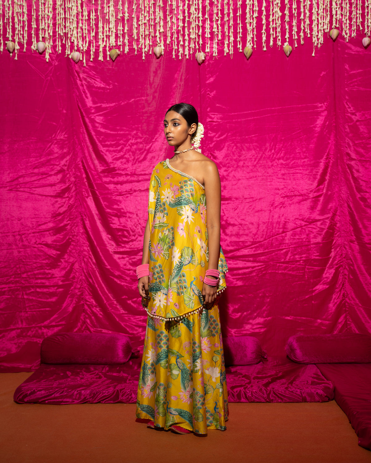 Bhādõ- Yellow Printed Off-Shoulder Sharara - Set of 2