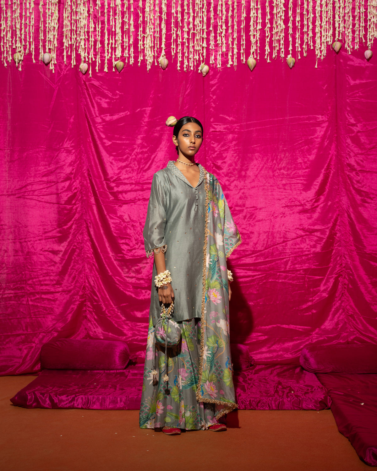 Bhādõ- Grey Printed Sharara Kurta - Set of 3