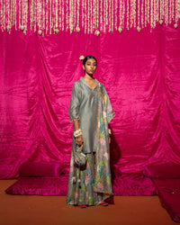 Bhādõ- Grey Printed Sharara Kurta - Set of 3