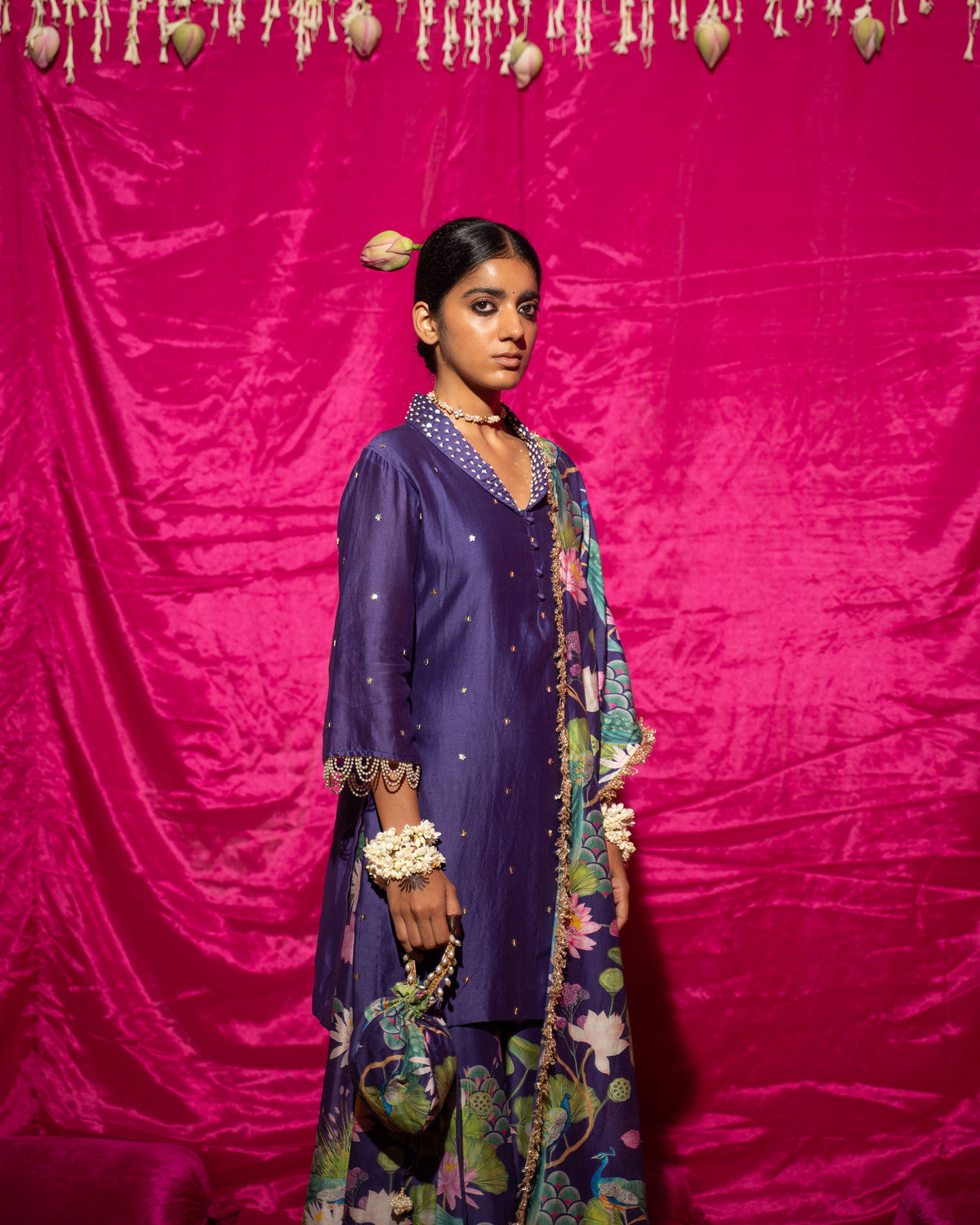 Bhādõ- Purple Printed Sharara Kurta - Set of 3