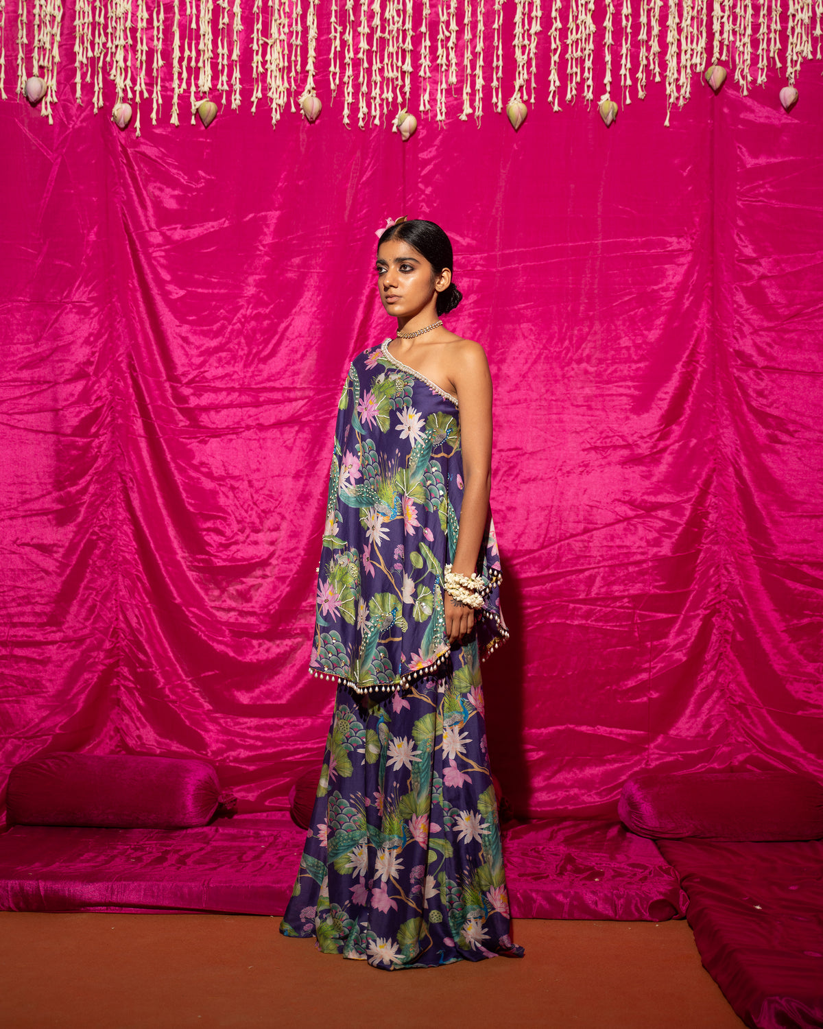 Bhādõ- Purple Printed Off-Shoulder Sharara - Set of 2