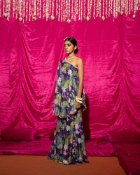 Bhādõ- Purple Printed Off-Shoulder Sharara - Set of 2