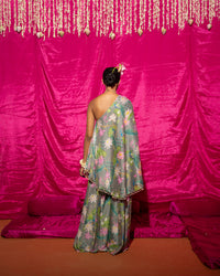 Bhādõ- Grey Printed Off-Shoulder Sharara - Set of 2