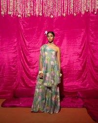 Bhādõ- Grey Printed Off-Shoulder Sharara - Set of 2