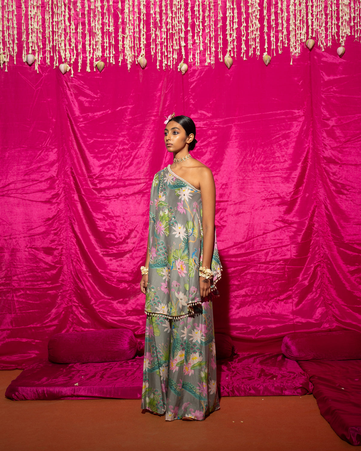 Bhādõ- Grey Printed Off-Shoulder Sharara - Set of 2