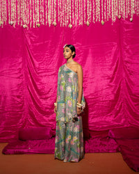 Bhādõ- Grey Printed Off-Shoulder Sharara - Set of 2