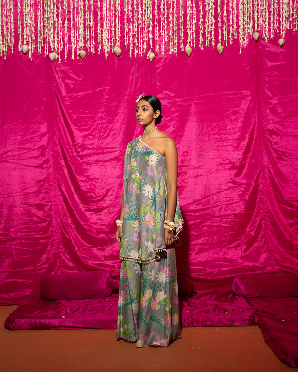 Bhādõ- Grey Printed Off-Shoulder Sharara - Set of 2