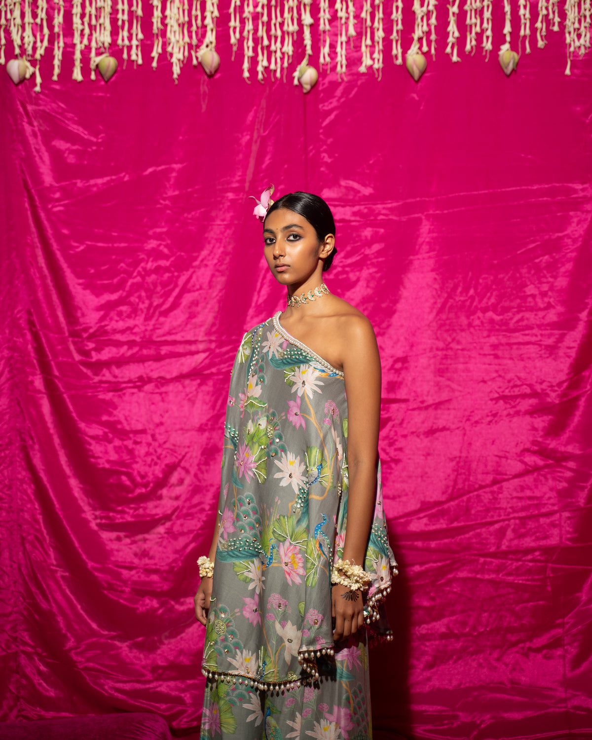 Bhādõ- Grey Printed Off-Shoulder Sharara - Set of 2